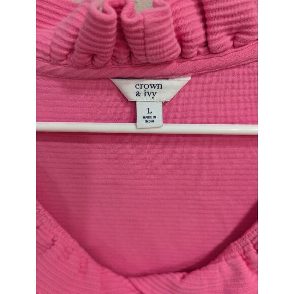 Pretty ribbed pink sleeveless top with ruffle neckline Crown & Ivy size L - Picture 2 of 7